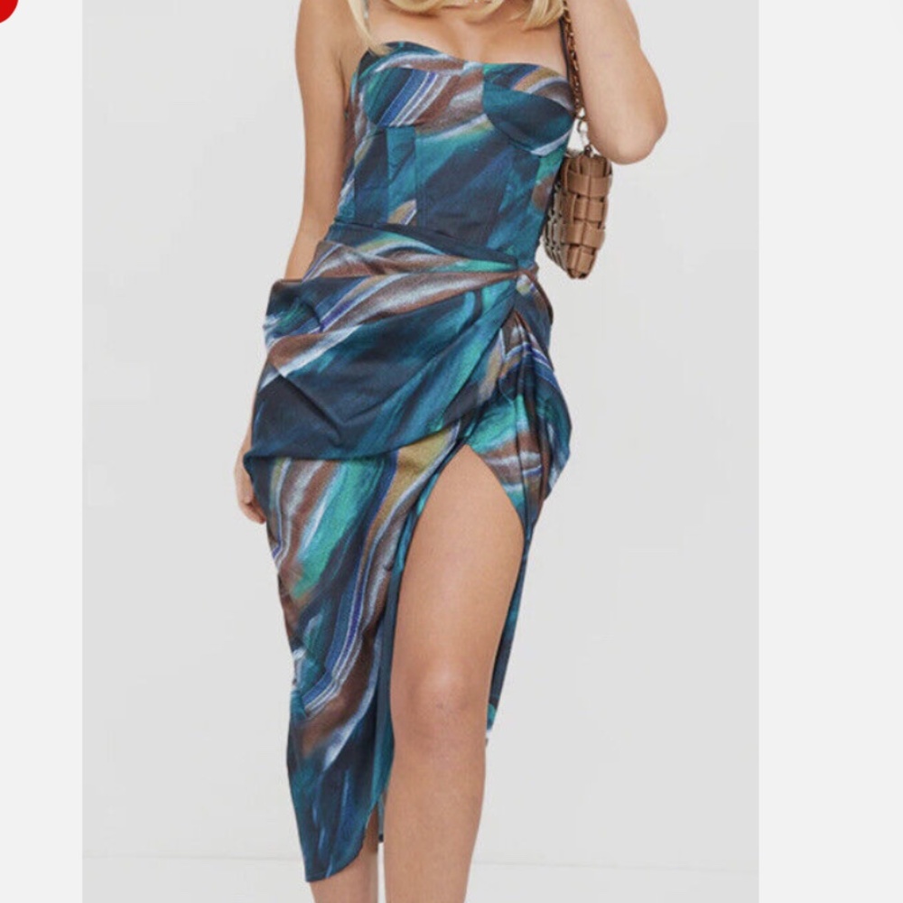 Pretty little thing turquoise marble print, corset top & rushed midi skirt